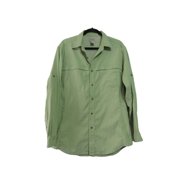 L.L. Bean Green Plaid Button Collar Shirt Mens size MR Tan Check Gingham Cotton - Picture 1 of 8